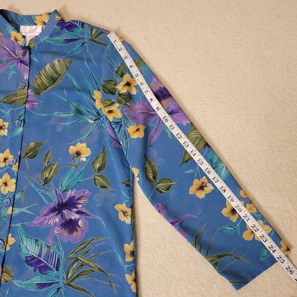 Susan Graver Style Size XL Button Front Sheer Tropical Crinkle Chiffon Tunic Top - Picture 11 of 15